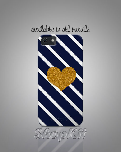 diagonal navy blue and white strips with golden heart on digital printed mobile cover