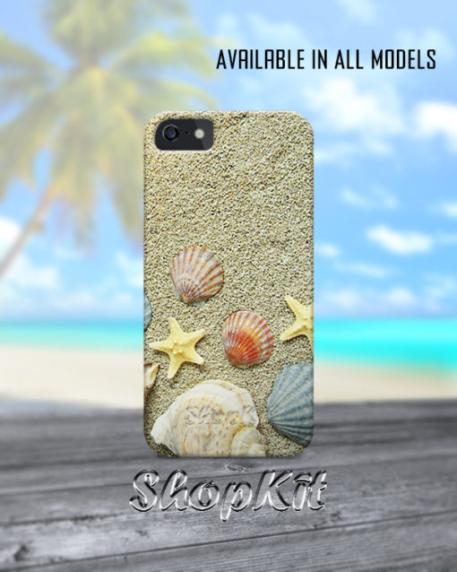 top view of sand and sea sheels mobile cover